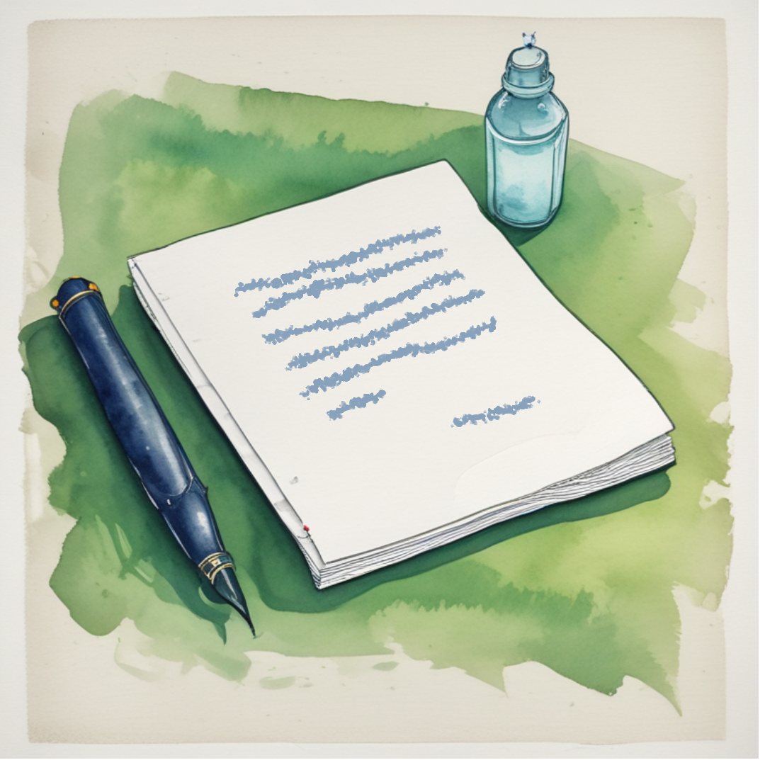 decorative watercolor image of paper and fountain pen